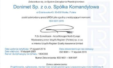 Certyfikat Zarządzania Jakością ISO 9001:2015 dla firmy Donimet